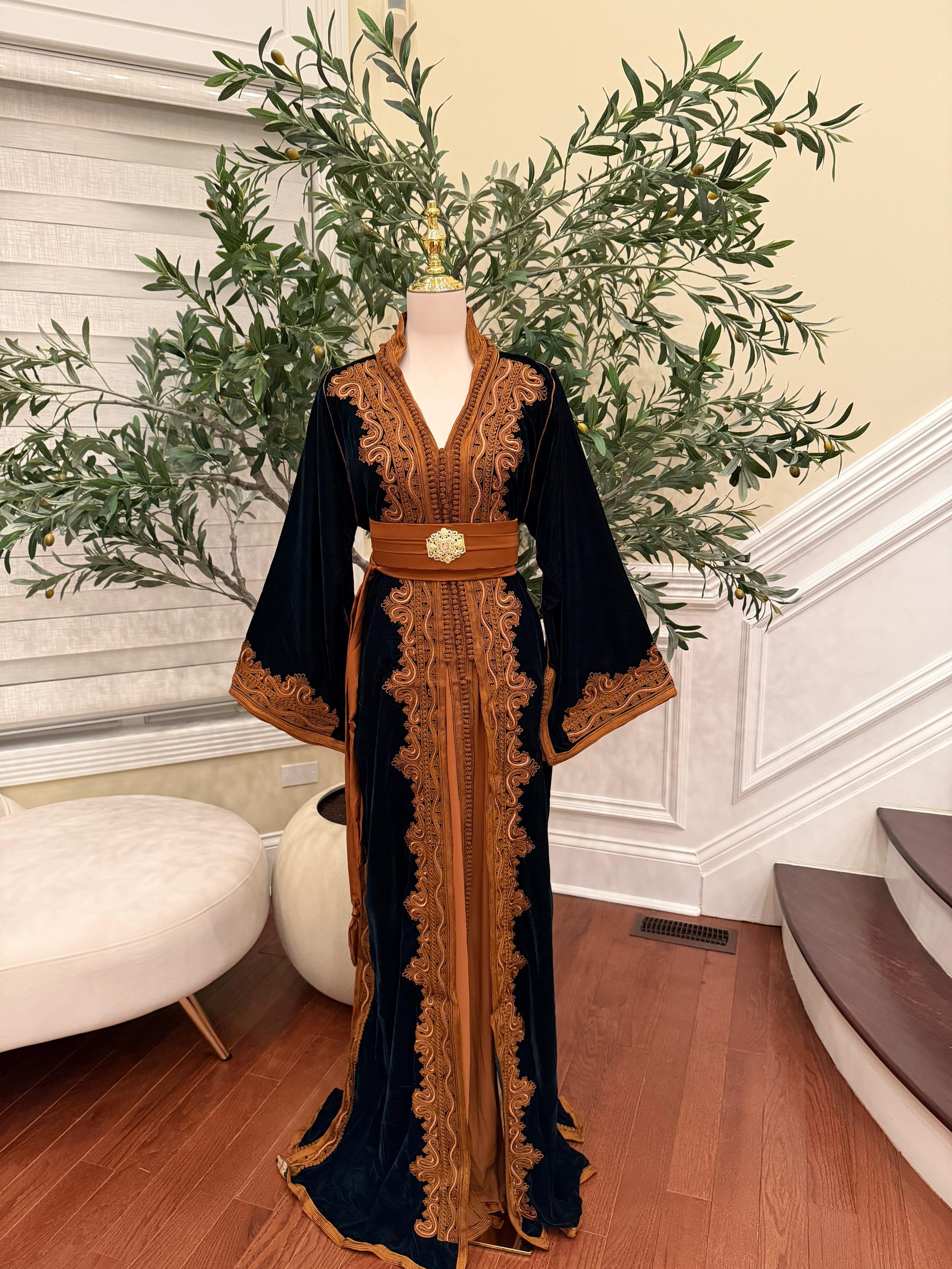 Forest Emerald Green Whisper Velvet Kuftan Brown Embroidery