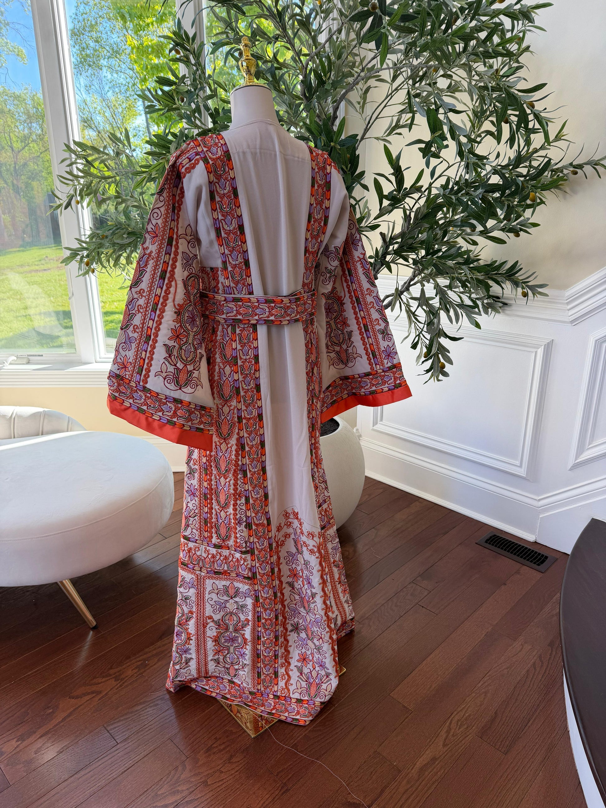 Beige Embroidery Orange Tatreez Thobe