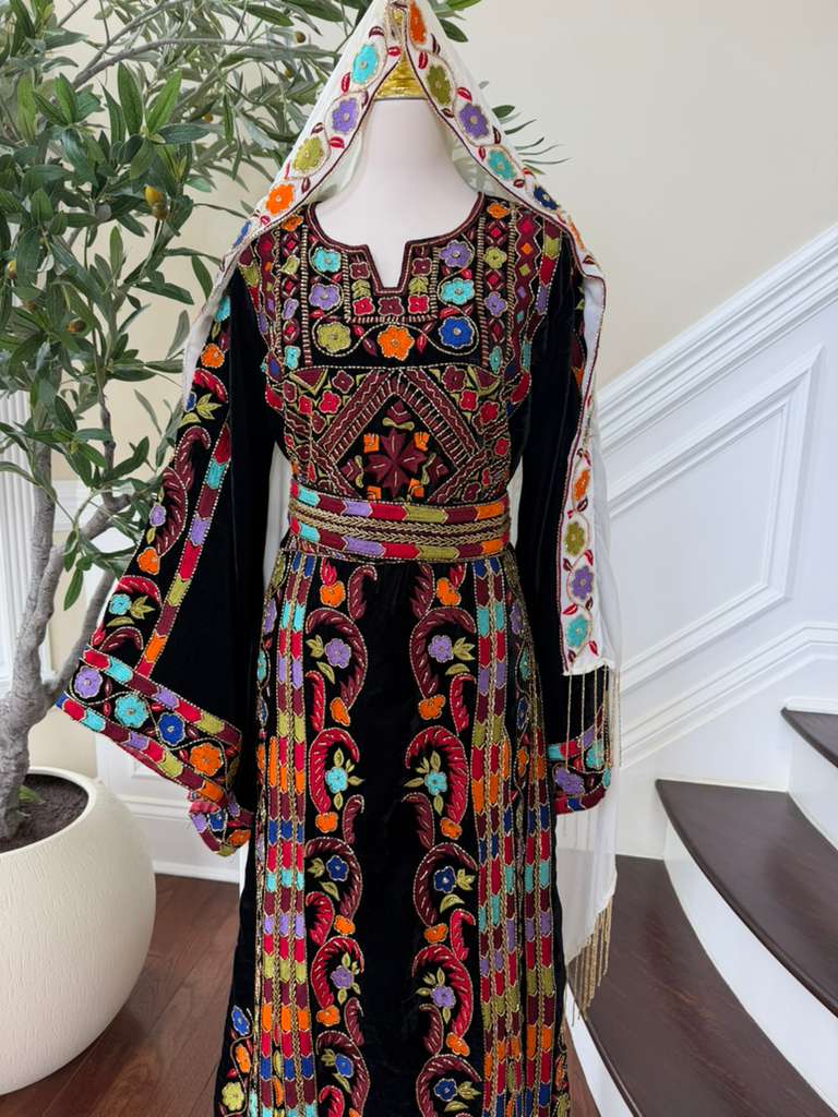 Luxury Bridal Palestinian Thobe with Embroidery Tatreez, Hand Beading & Detachable Overskirt on Rich Velvet Fabric