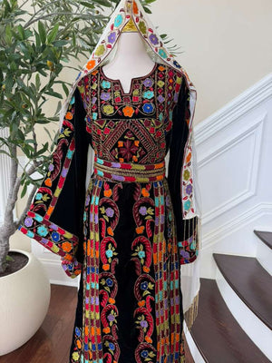 Luxury Bridal Palestinian Thobe with Embroidery Tatreez, Hand Beading & Detachable Overskirt on Rich Velvet Fabric