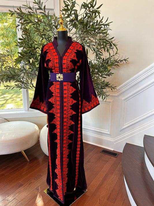 Purple Velvet Embellishment Red Kuftan