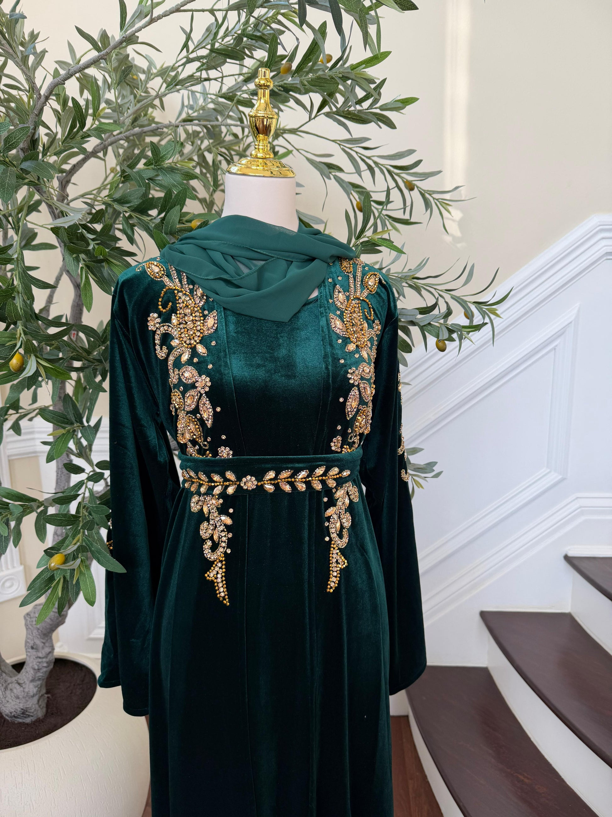 Golden Green Velvet Crystal Two Piece Abaya