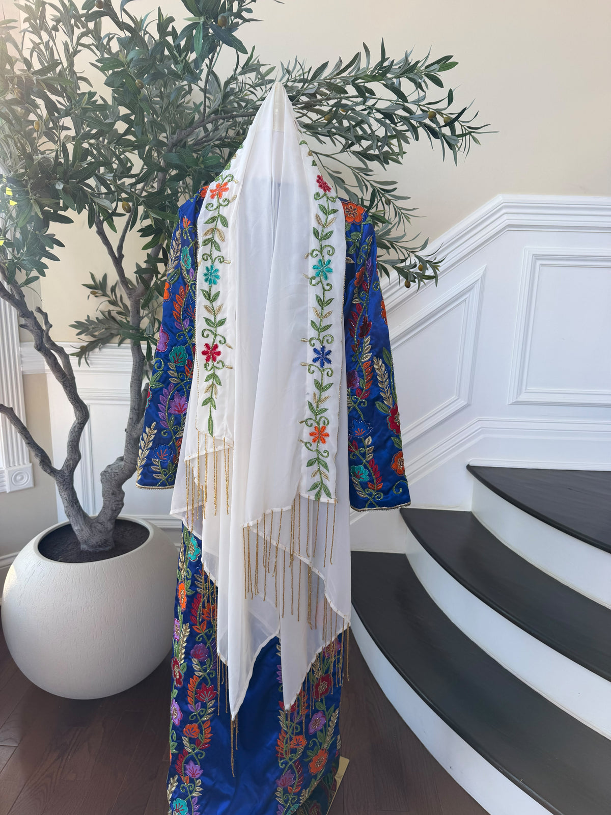 Elegant Royal Blue Floral Embroidered Palestinian Stone Thobe (scarf not included)