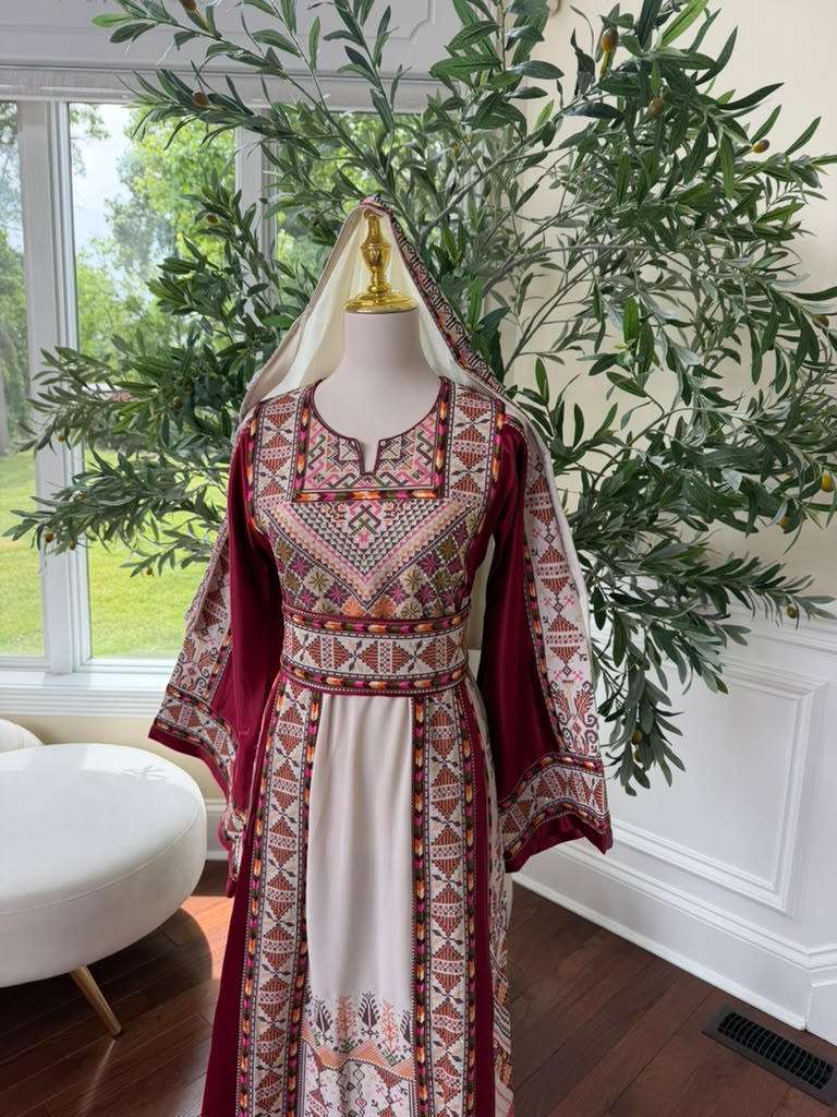White Embroidery Tatreez Red Thobe