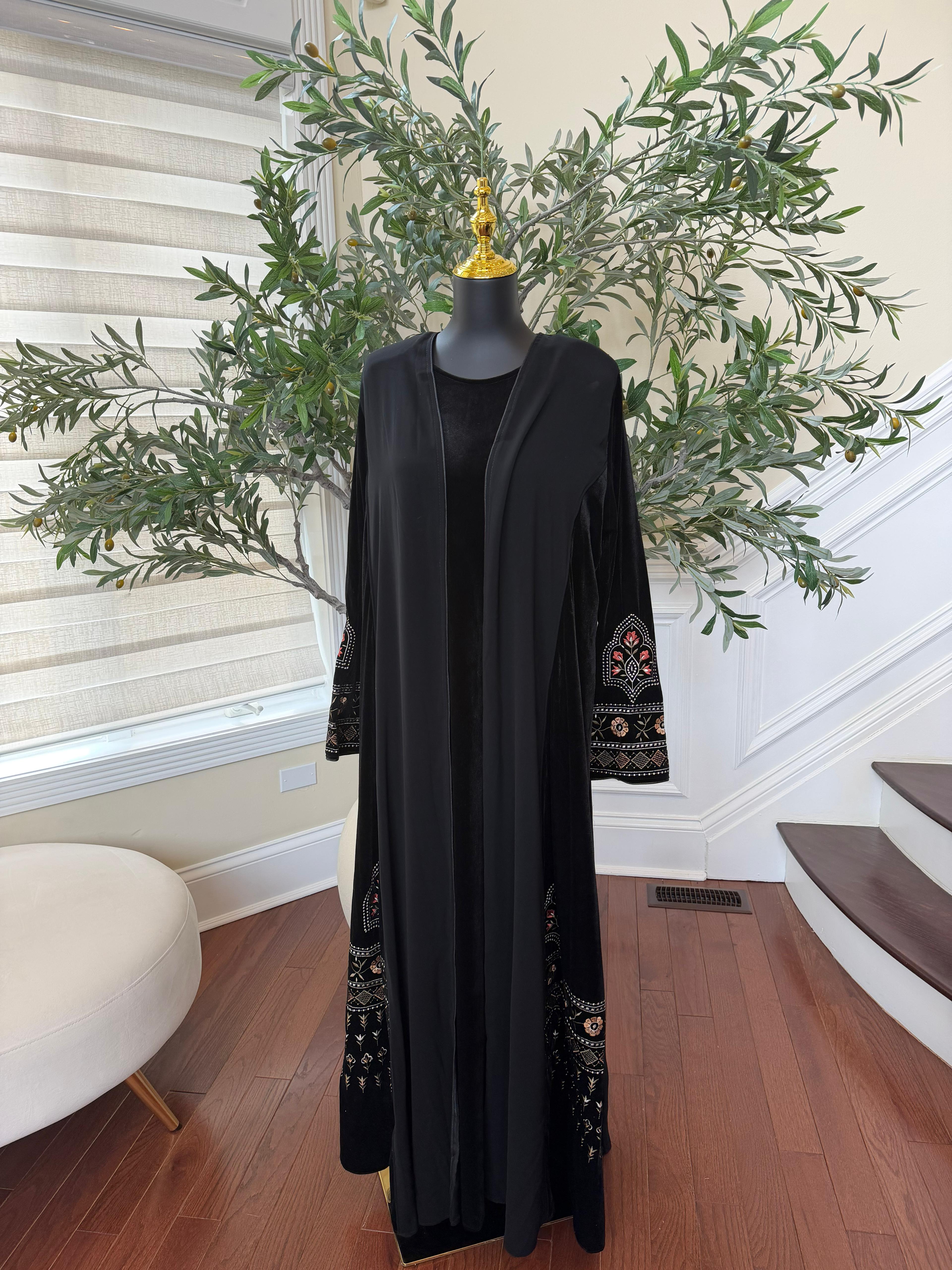 Black Velvet with Chiffon Embroidery Elegance Abaya
