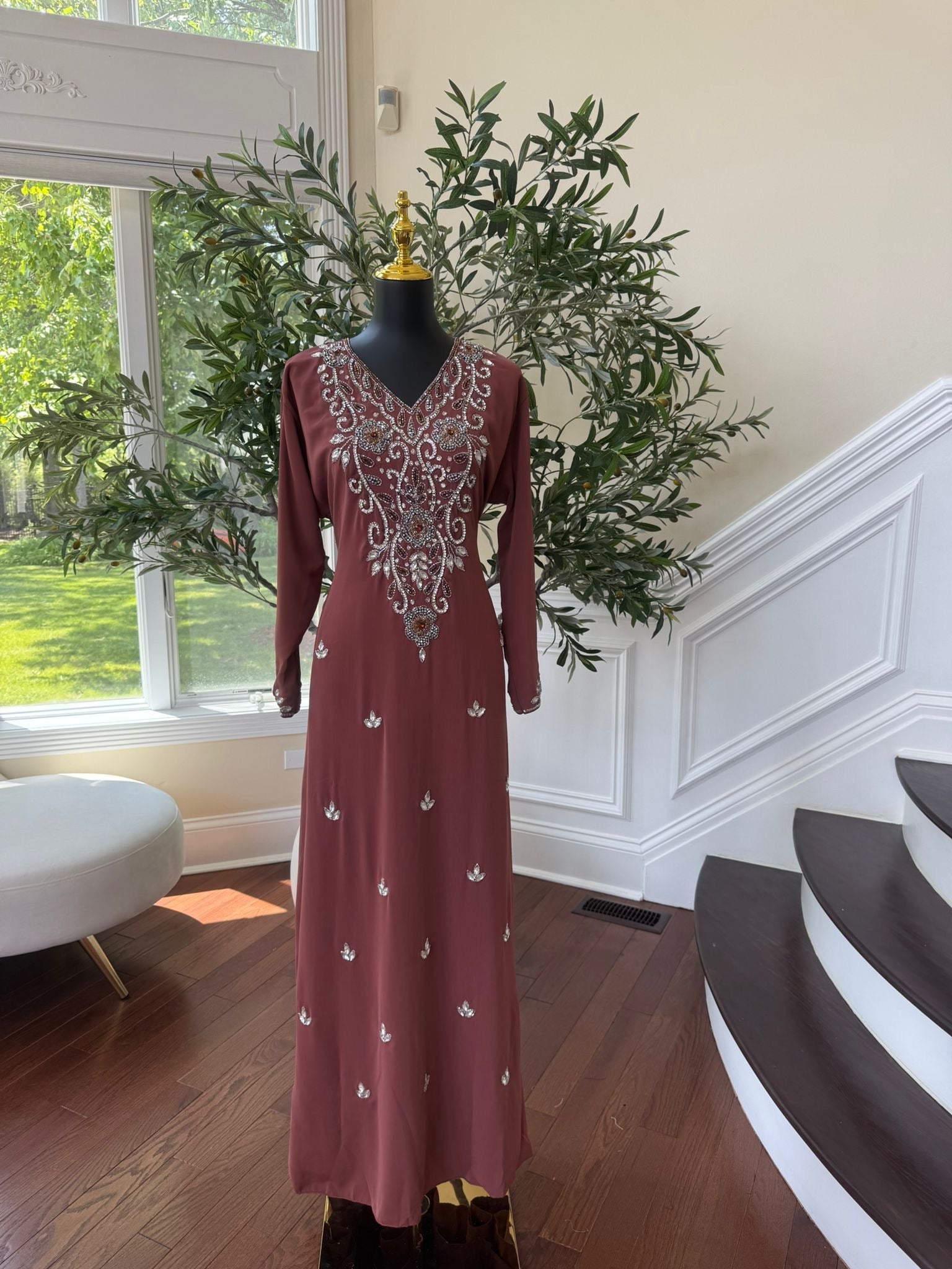 Peach Red Beaded Kuftan Maxi Dress