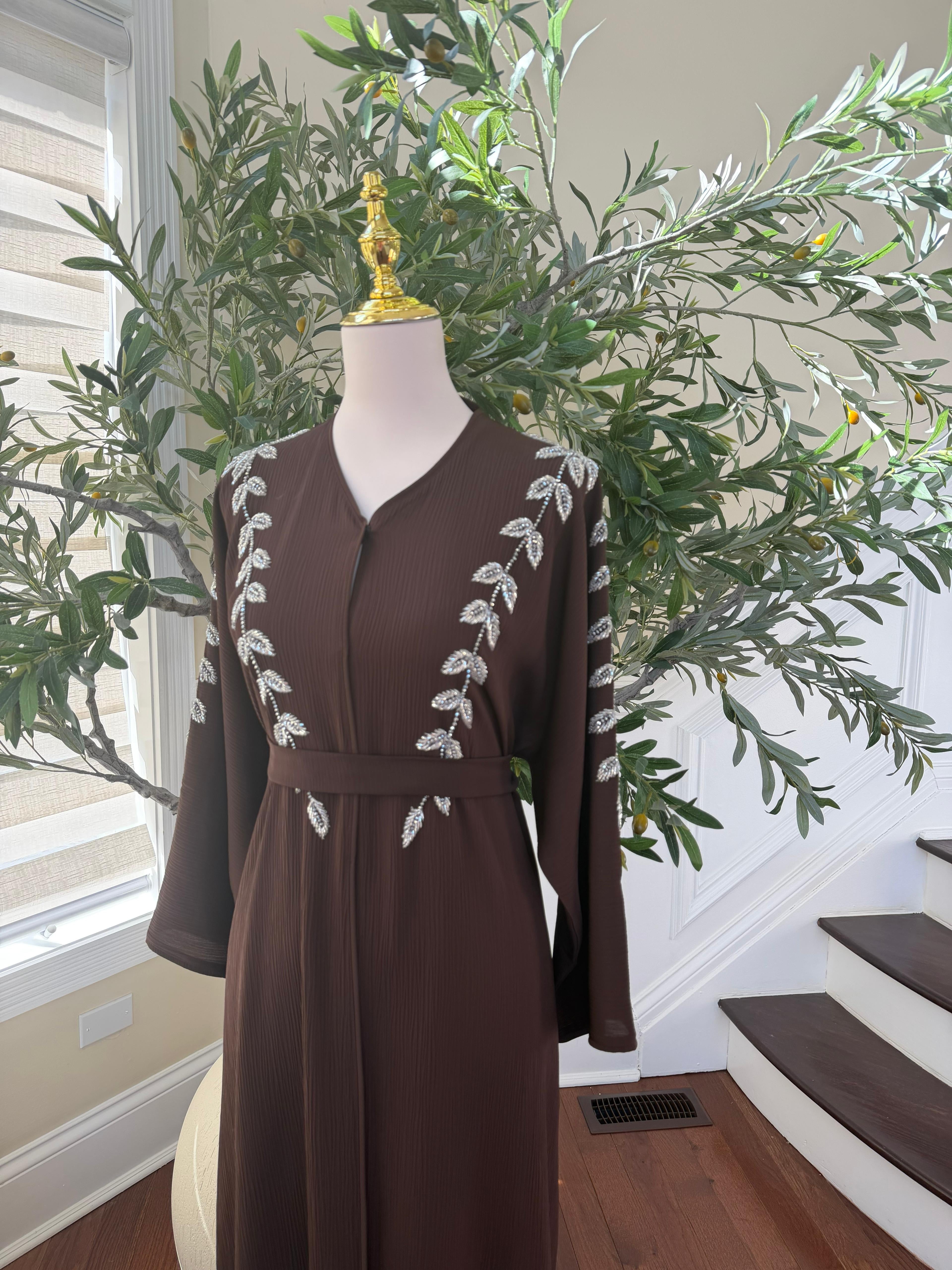 Brown Silver Beaded Essence Abaya