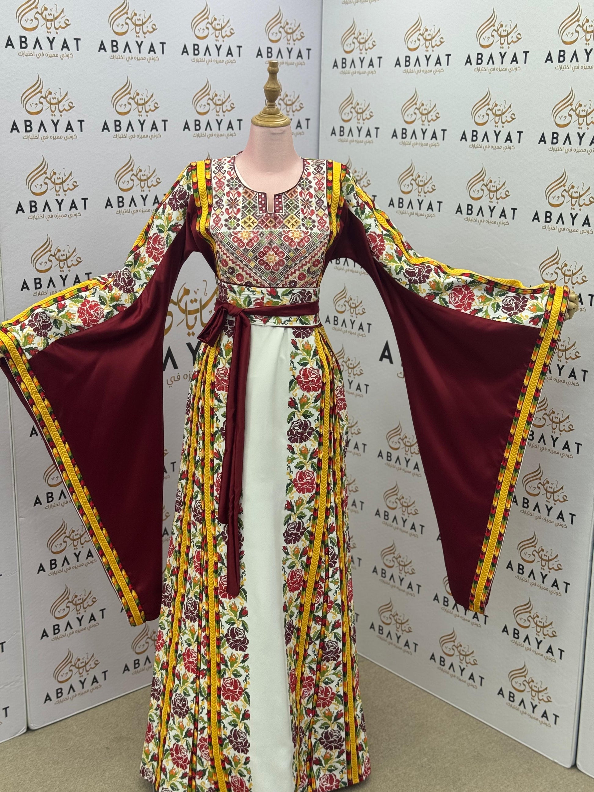 Burgundy & White Palestinian Embroidered Thobe | Floral Heritage Design A09042025