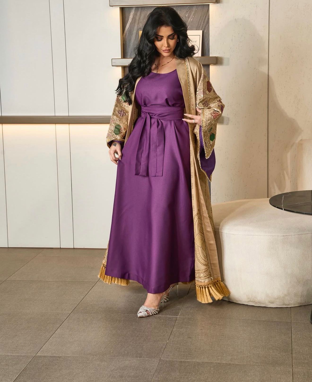 Cream Embroidery Purple Two Piece Abaya
