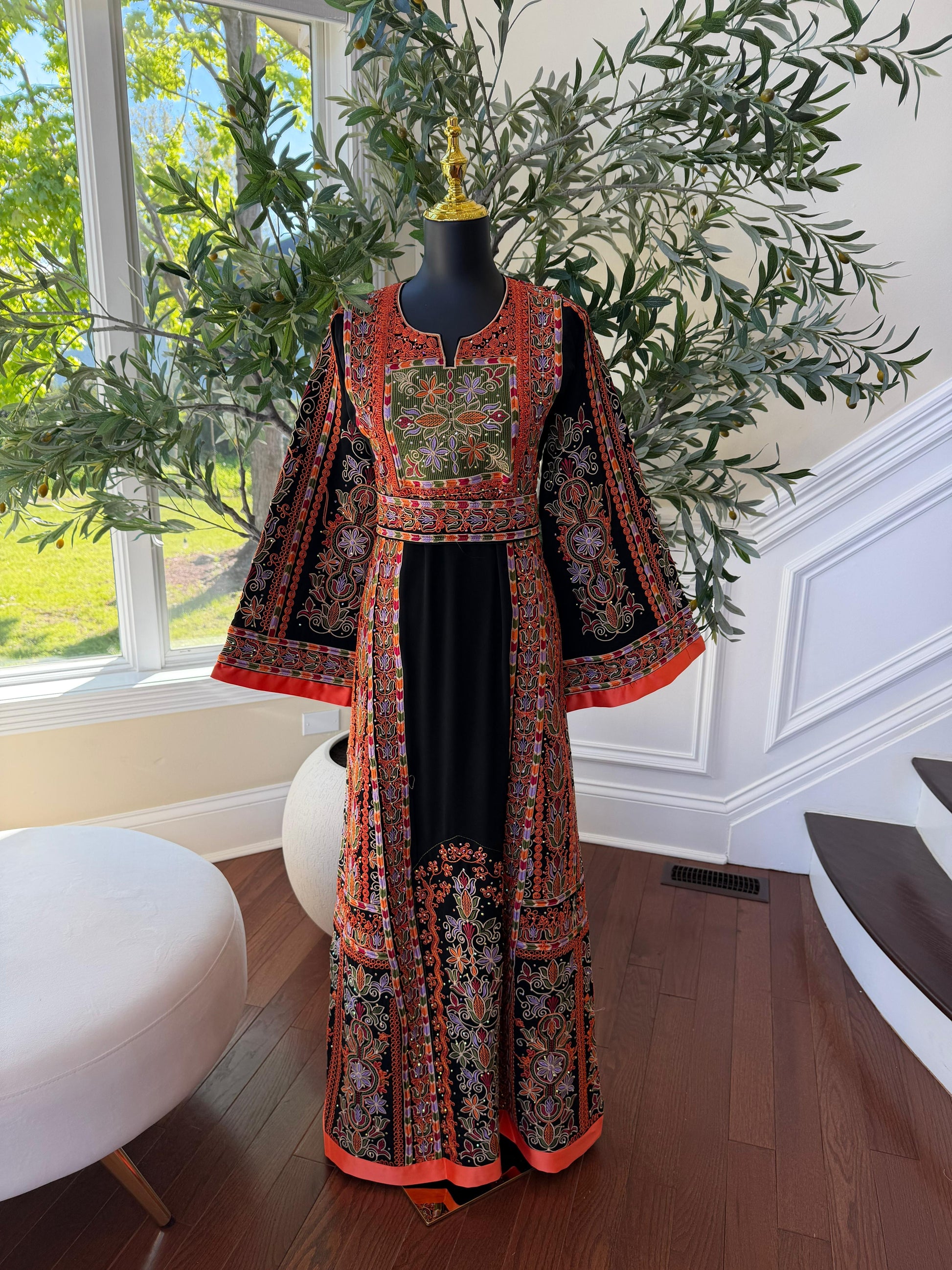 Black Embroidery Tatreez Orange Thobe