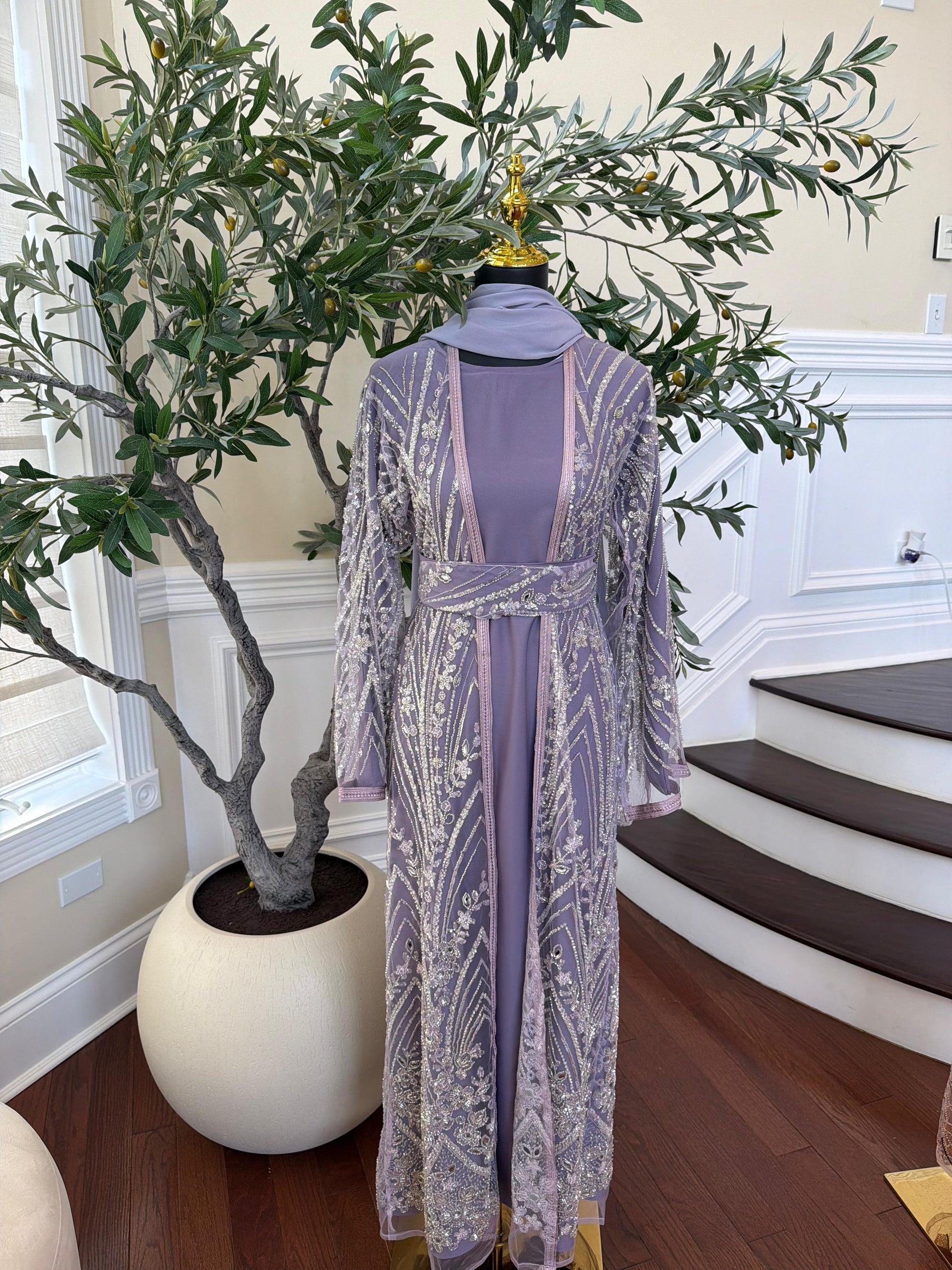 Lavender Sparkle Beaded Cardigan Abaya