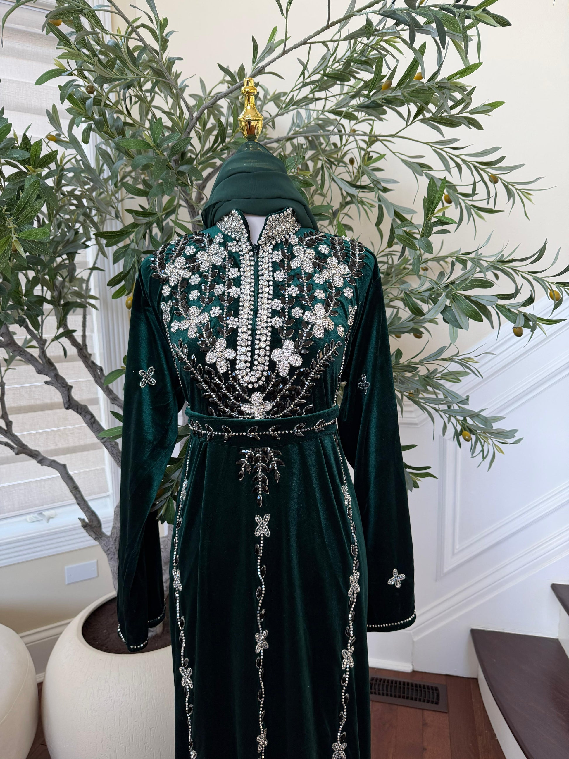 Green Velvet Crystal Elegance Beaded Abaya