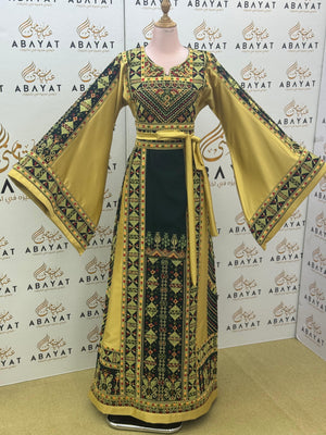 Luxury Palestinian Embroidered Thobe – Mustard Gold Traditional Design