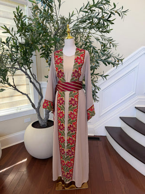 Tan Floral Embroidery Tatreez Thobe