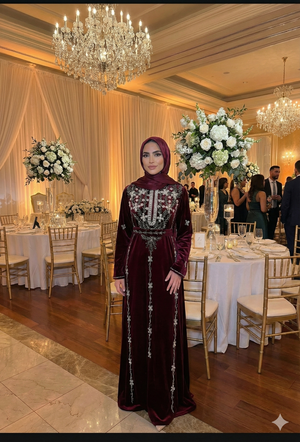 Burgundy Red Crystal Velvet Detailing Abaya