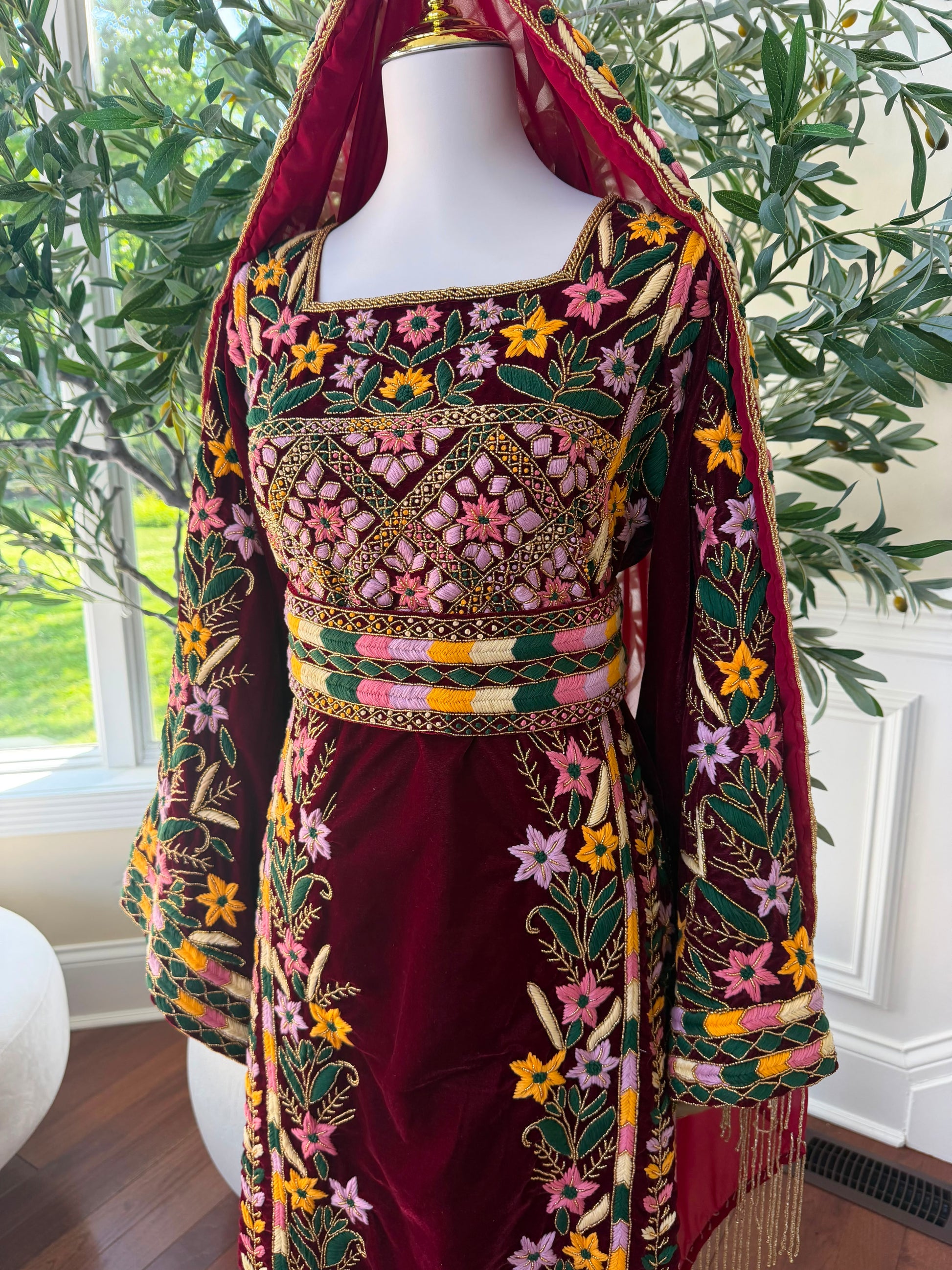 Velvet Red Embroidery Beaded Thobe
