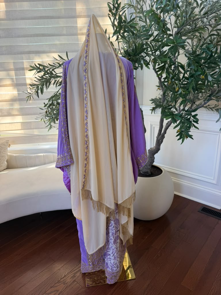Elegant Lavender Velvet Palestinian Thobe with Gold Embroidery(scarf not included)