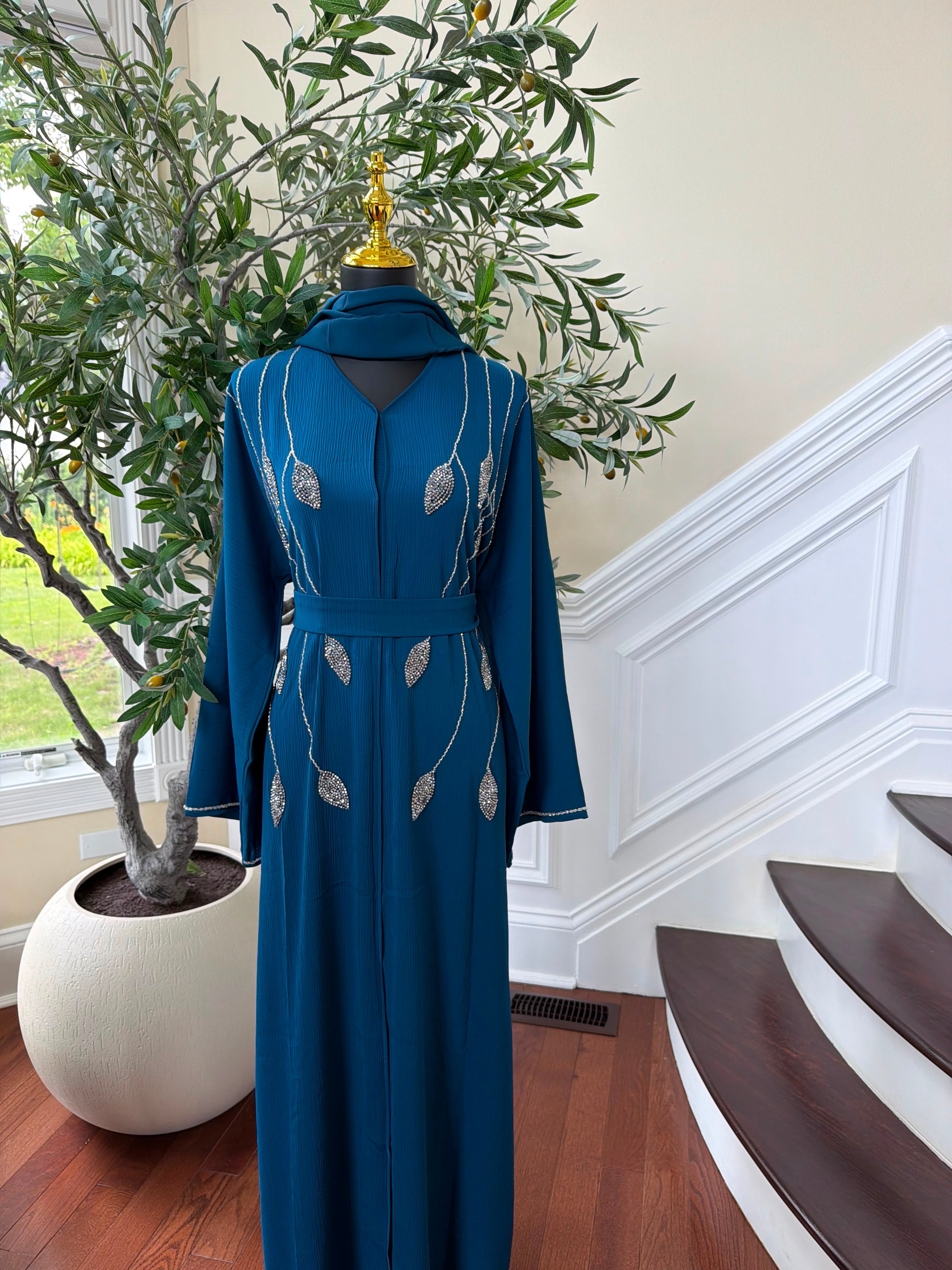 Sky Blue Floral Beaded Abaya