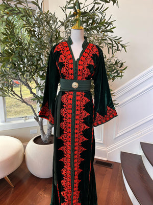 Green Velvet Embellished Red Kuftan