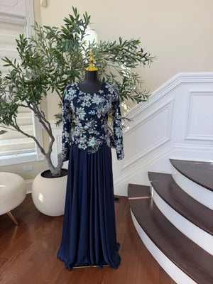 Elegant Navy Blue Evening Gown with Shimmering Silver & Blue Floral Embroidery