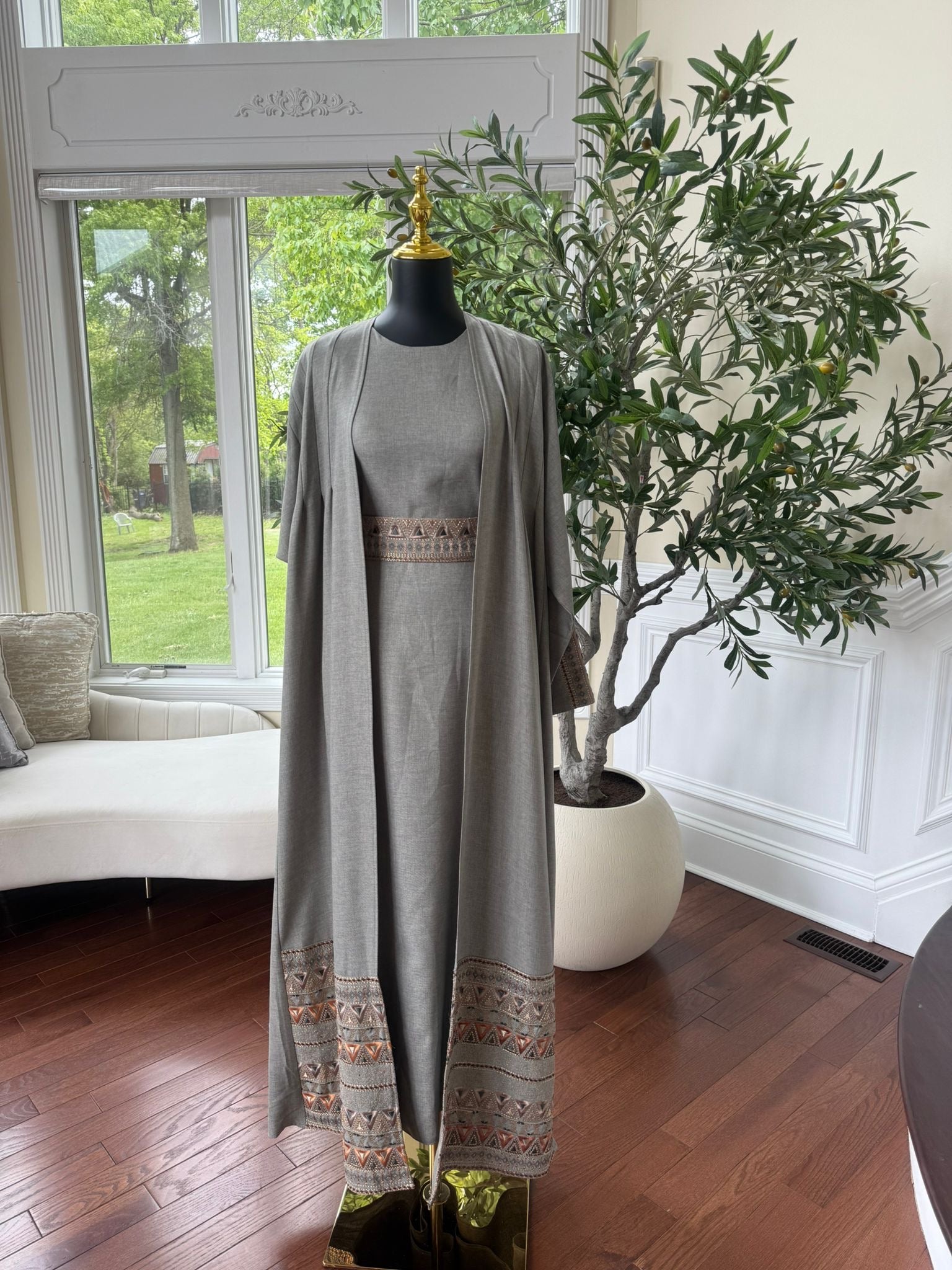 Elegant Soft Sage Tatreez Cardigan Abaya
