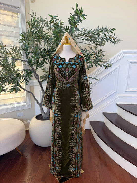 Olive Green Velvet Palestinian Thobe with Colorful Floral Embroidery – Scarf Not Included