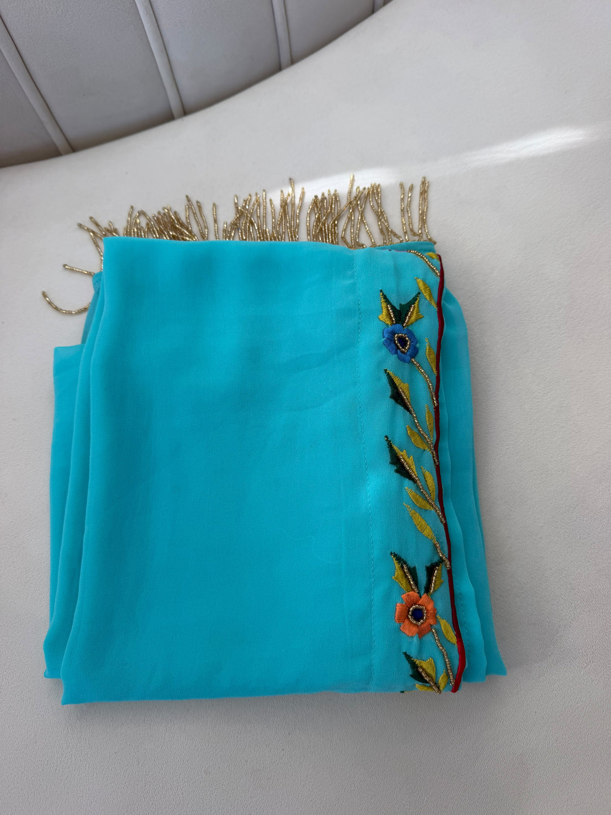 Turquoise Floral Embroidered Scarf with Gold Fringe