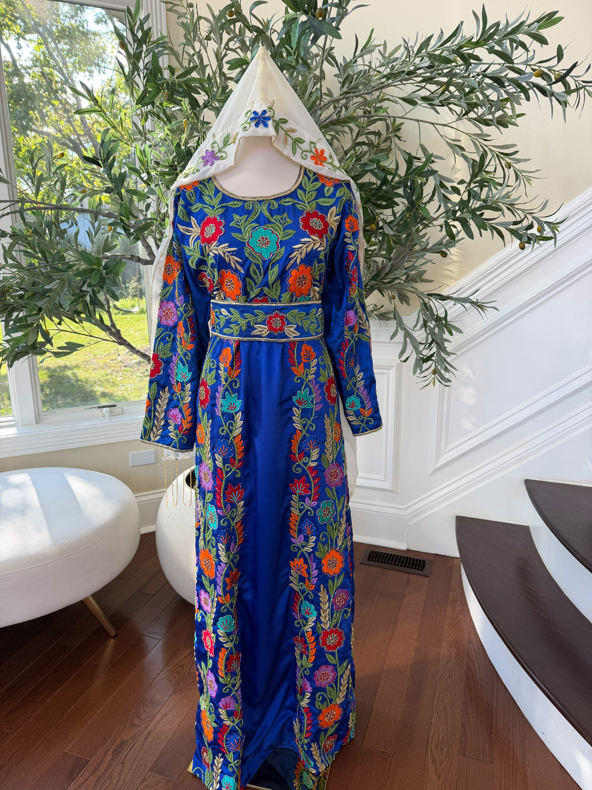 Elegant Royal Blue Floral Embroidered Palestinian Stone Thobe (scarf not included)
