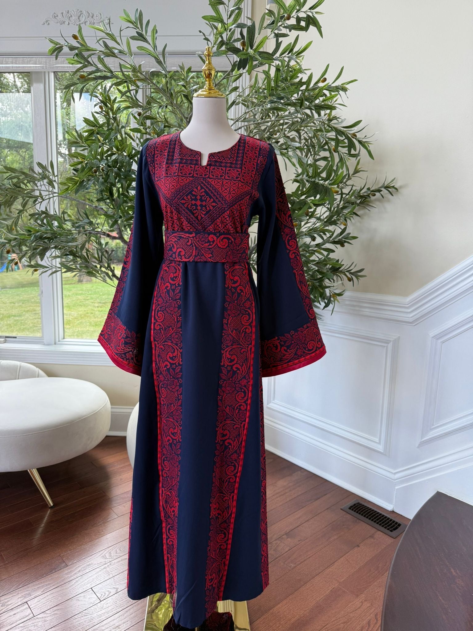 Navy Elegance with Traditional Red Embroidery Thobe