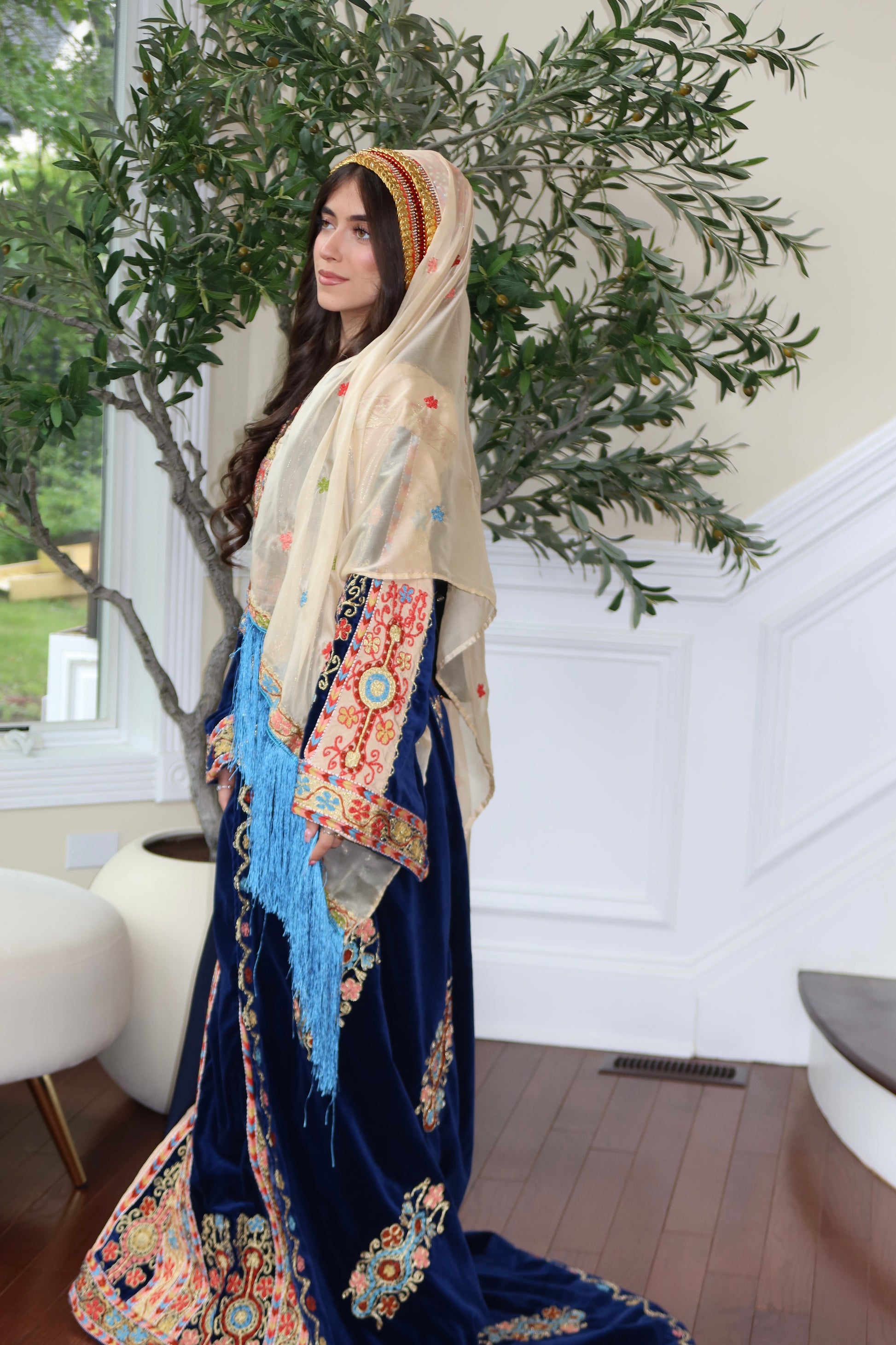 Royal Blue Malaka Handmade Thobe – Luxe Velvet & Intricate Tatreez Skirt and Khirka Shal included