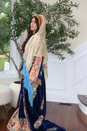 Royal Blue Malaka Handmade Thobe – Luxe Velvet & Intricate Tatreez Skirt and Khirka Shal included