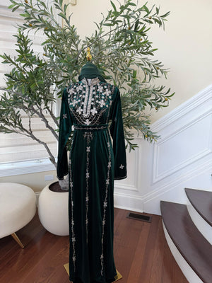 Green Velvet Crystal Elegance Beaded Abaya