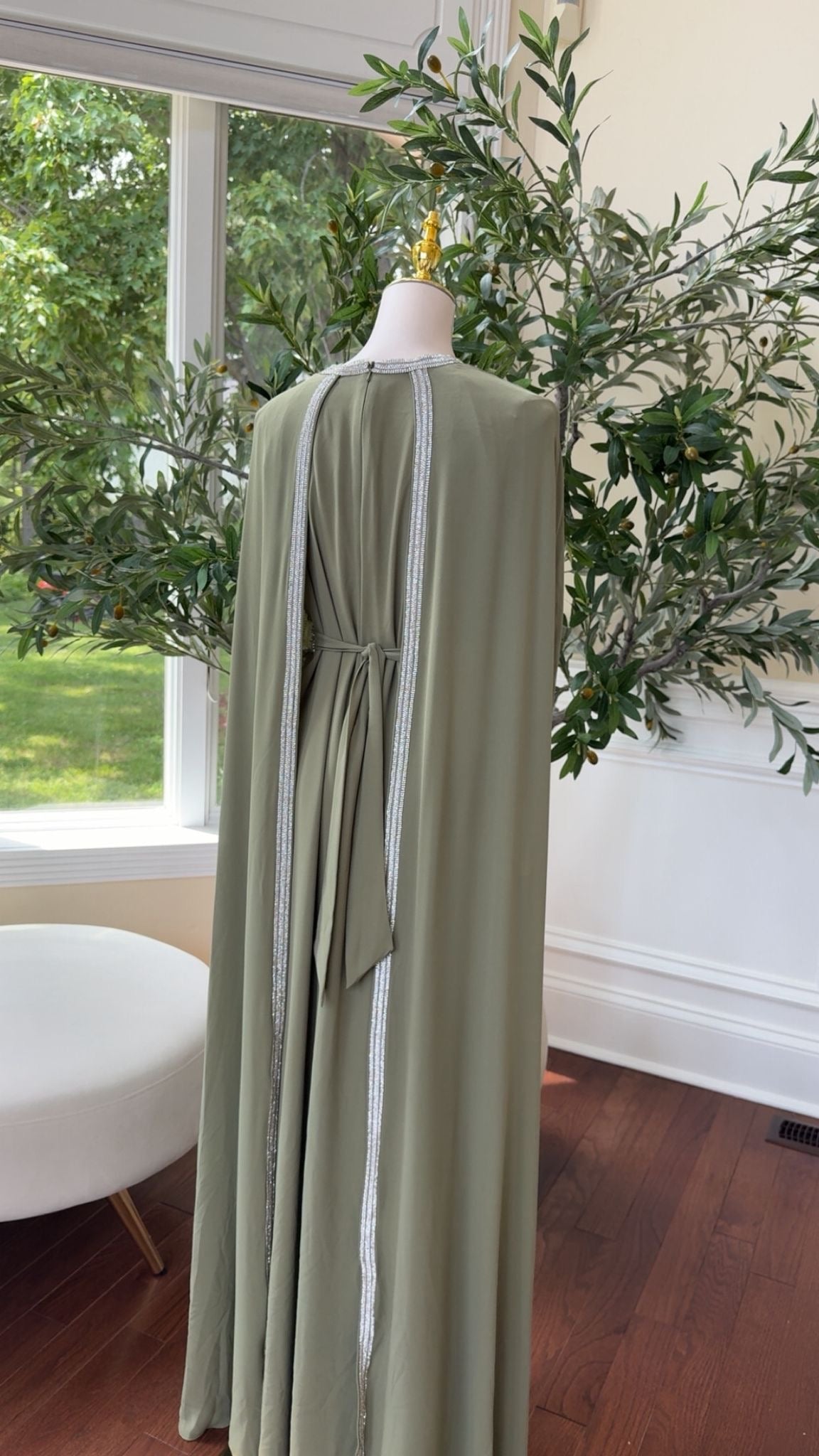 Sage Green Embellished Chiffon Kaftan Crystal Vine Detail
