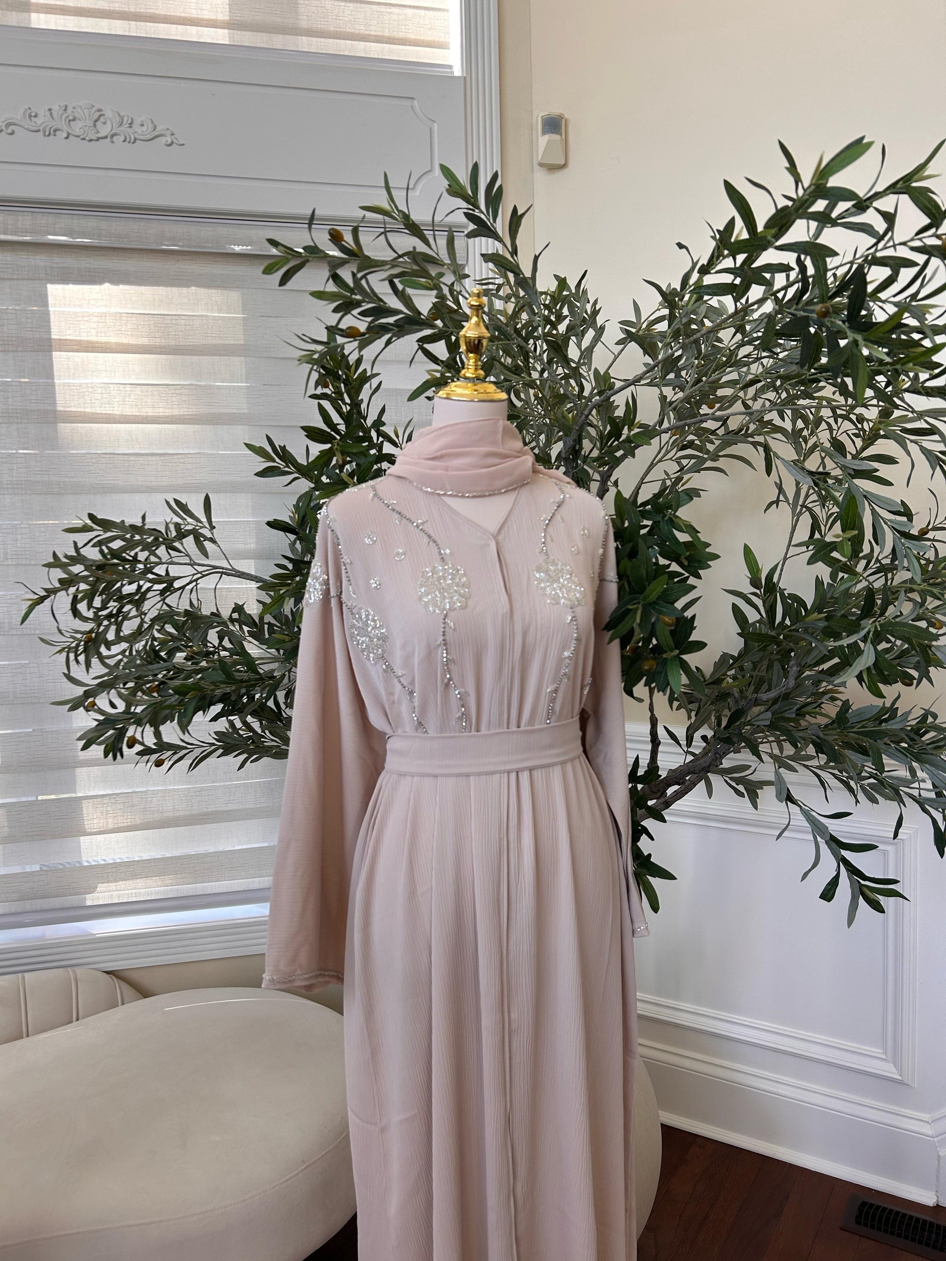 Cream Beaded Charm Abaya