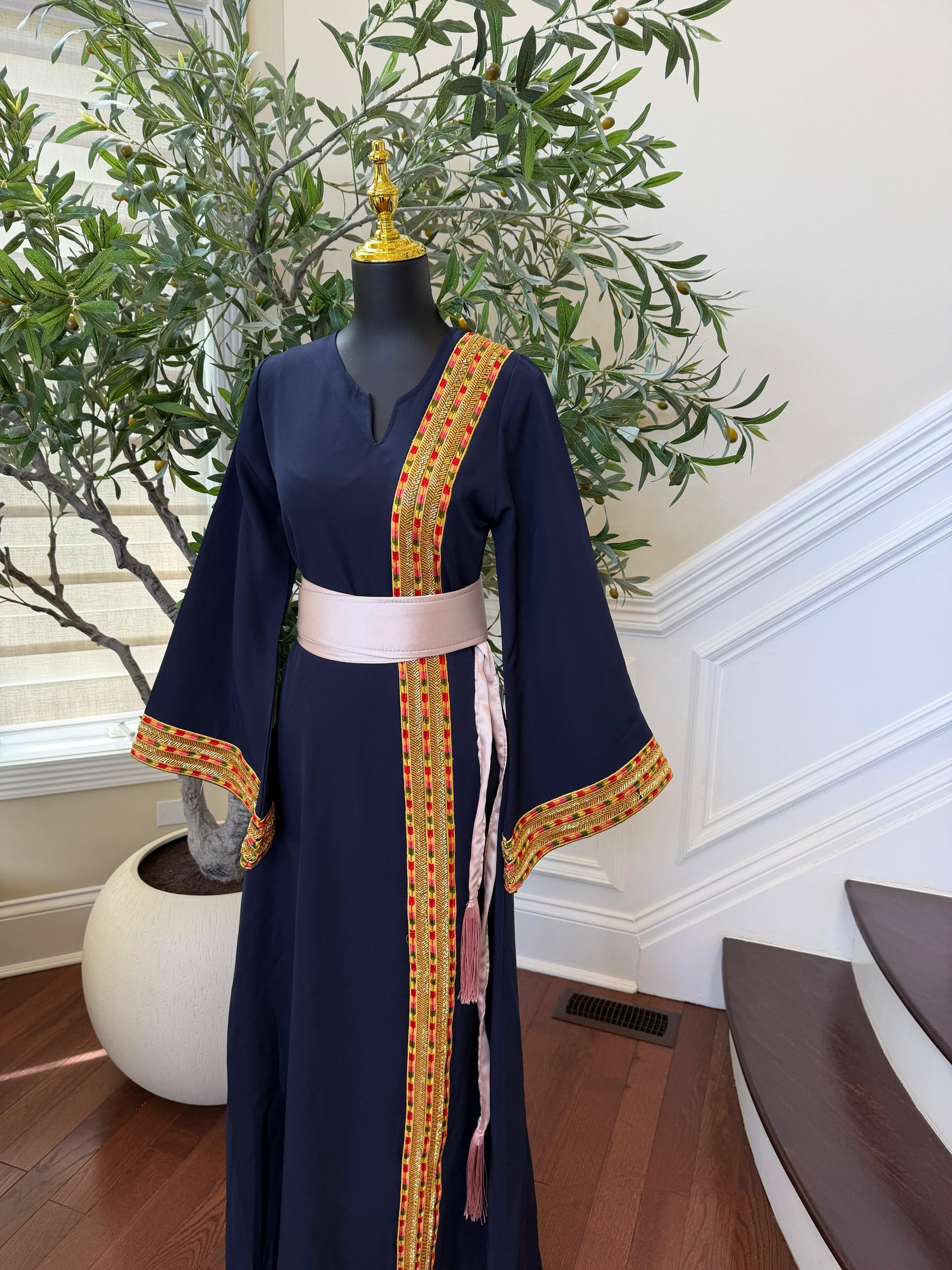 Navy Blue Embroidery Sabal Kharaz Thobe