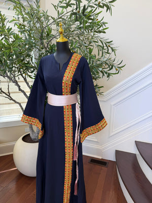 Navy Blue Embroidery Sabal Kharaz Thobe