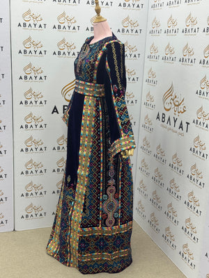 Dark Navy Velvet Palestinian Embroidered Thobe – Multicolor Tatreez with Belt A09042025