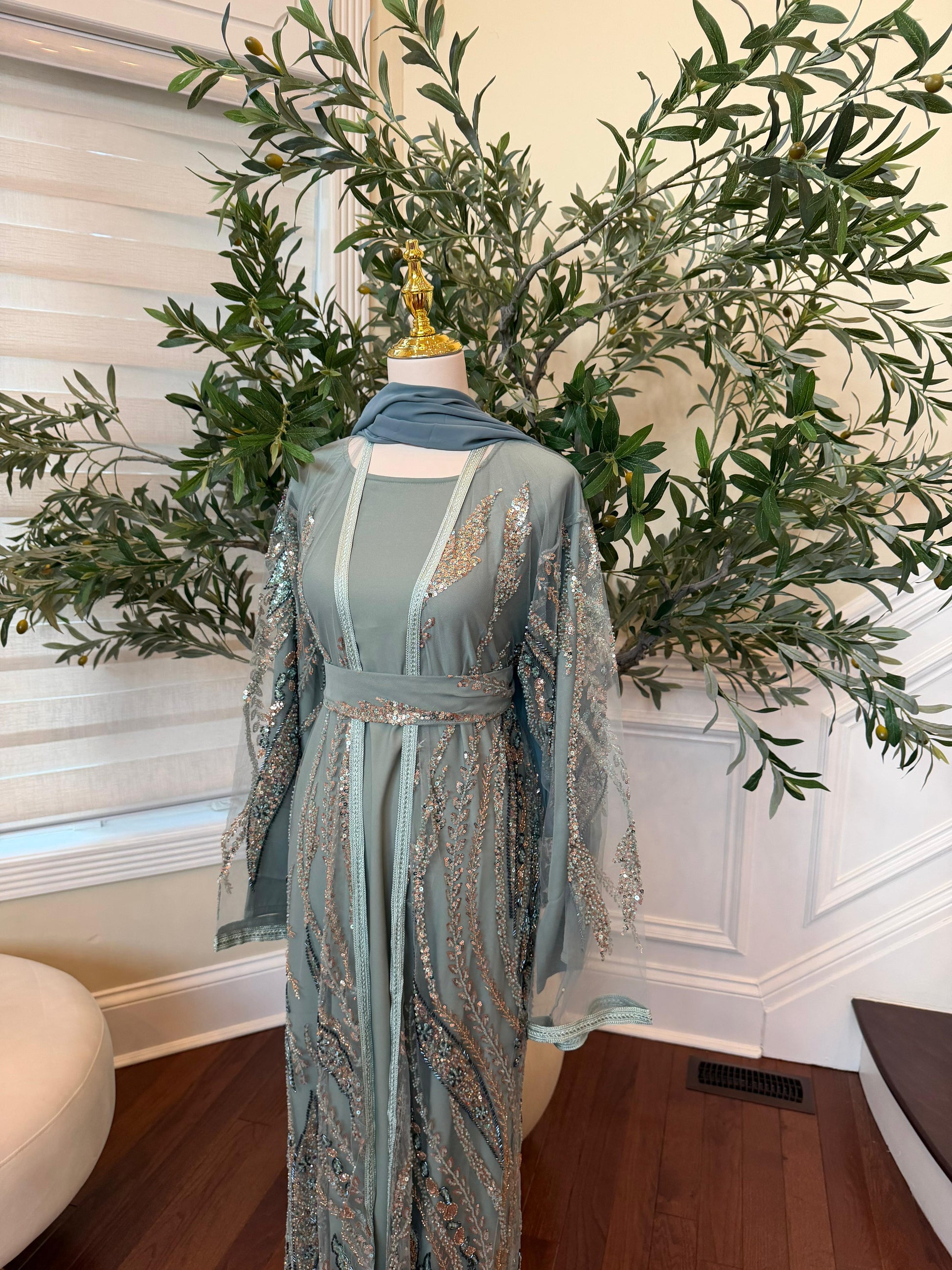 Mint Sequin Two Piece Abaya