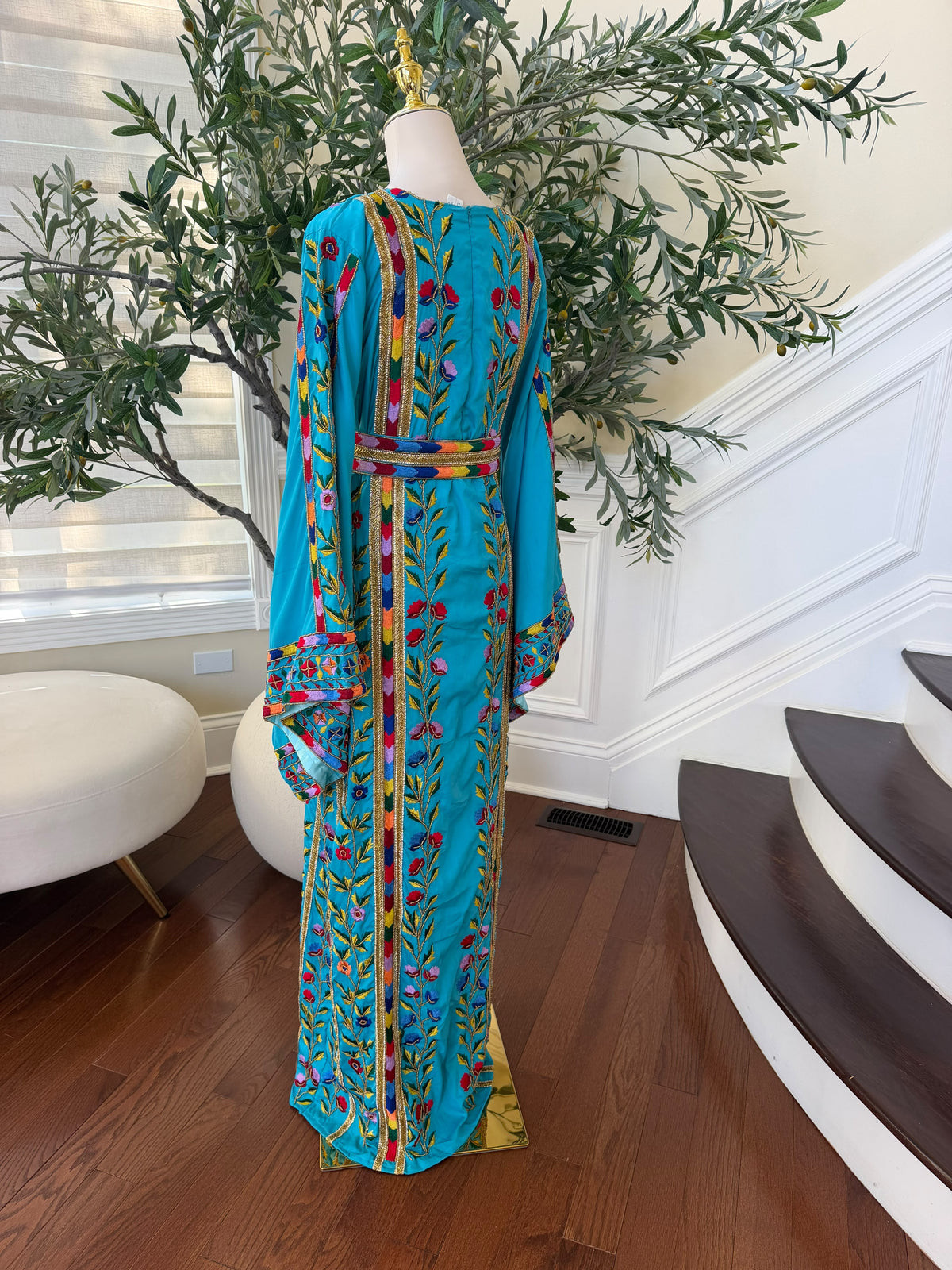 Turquoise Floral Embroidered Palestinian Thobe – Scarf Not Included