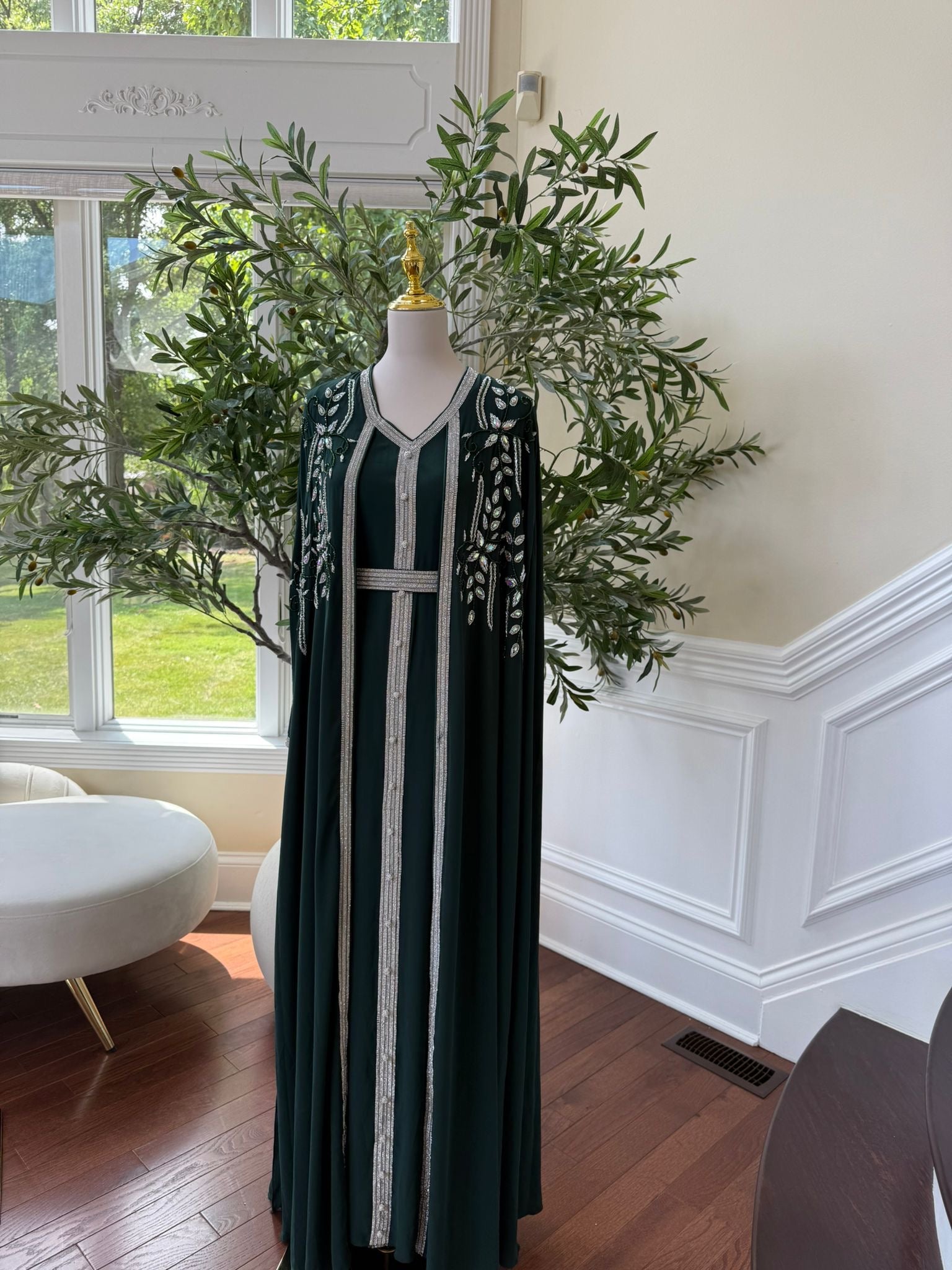 Emerald Green Embellished Chiffon Kaftan Crystal Vine Detail