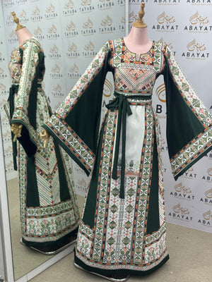 Emerald Green Palestinian Thobe – Mixed Fabric with Traditional Tatreez