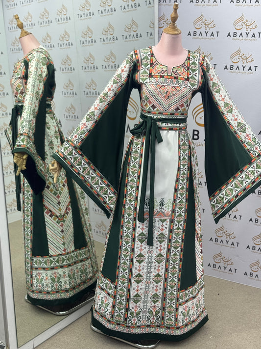 Emerald Green Palestinian Thobe – Mixed Fabric with Traditional Tatreez