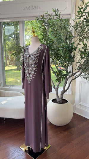Modest Purple Kaftan with Elegant Floral Beading