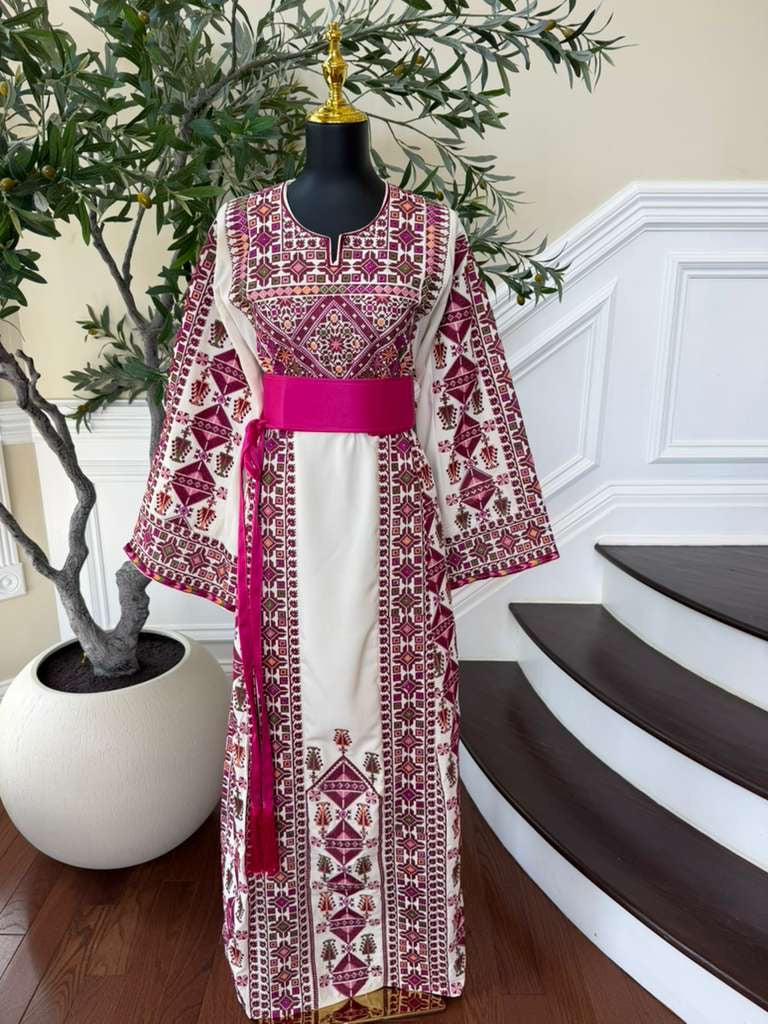 White Embroidery Tatreez Pink Thobe
