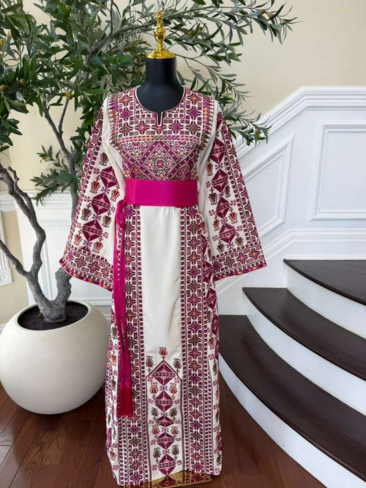 White Embroidery Tatreez Pink Thobe