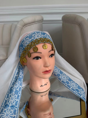 White Embroidery Baby Blue Tatreez Khirka Shal