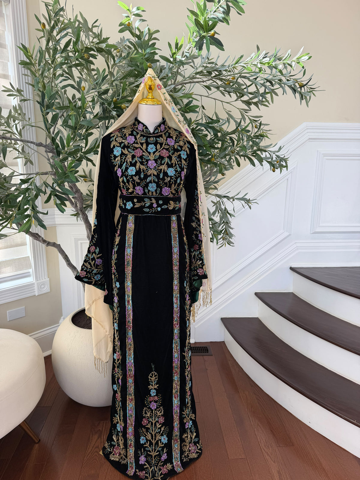 Elegant Black Velvet Thobe with Multicolor Floral Embroidery(scarf not included)