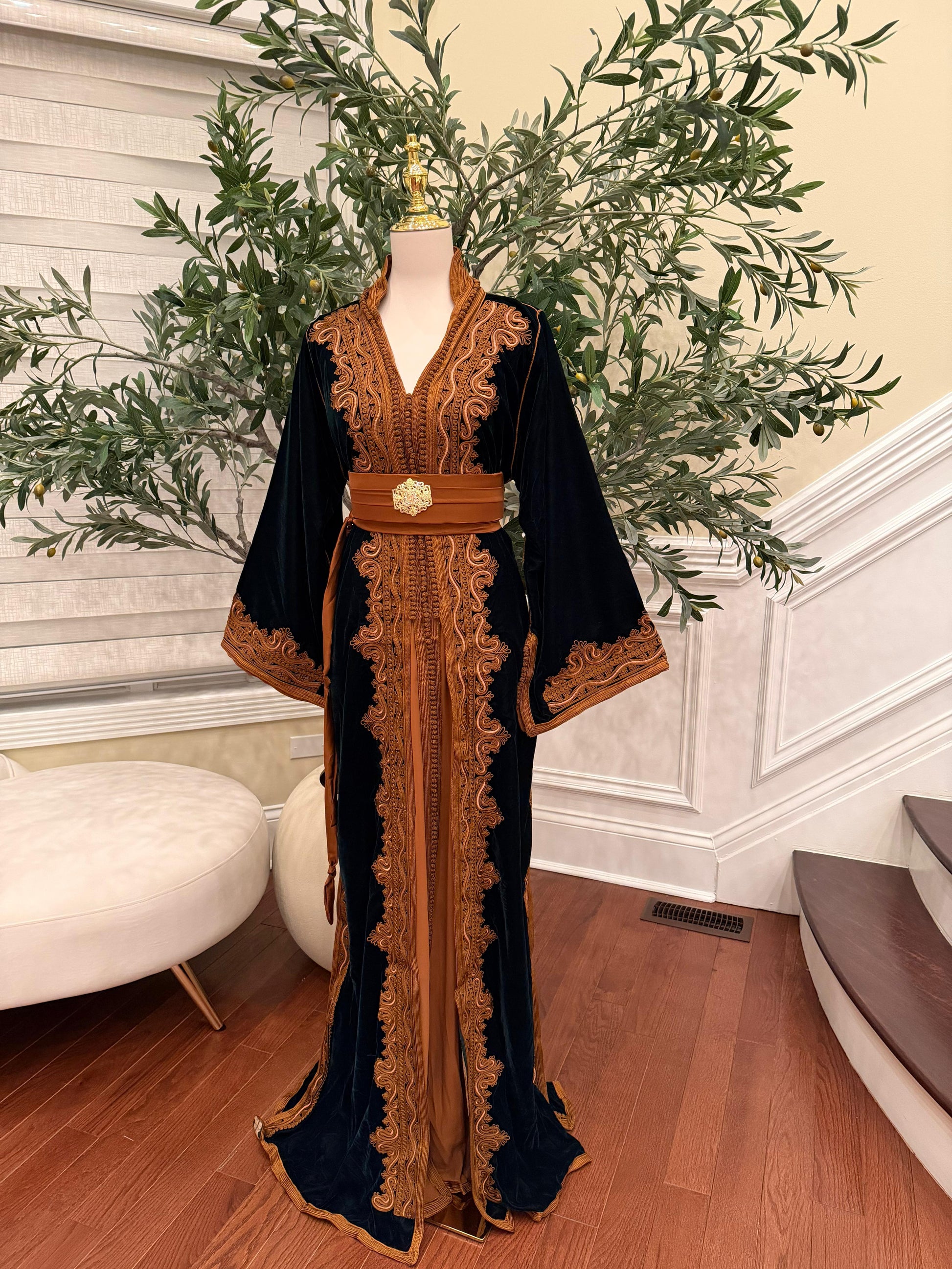 Forest Emerald Green Whisper Velvet Kuftan Brown Embroidery