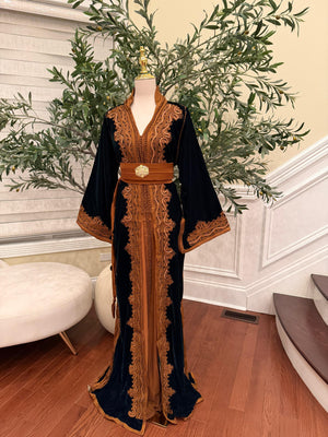 Forest Emerald Green Whisper Velvet Kuftan Brown Embroidery