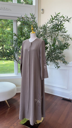 Taupe Embroidered Classic Abaya – Subtle & Floral Detail